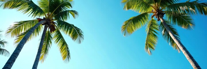 Fototapeta premium Tall palm trees with vibrant green leaves swaying against a clear blue sky on a sunny day, colorful, sky