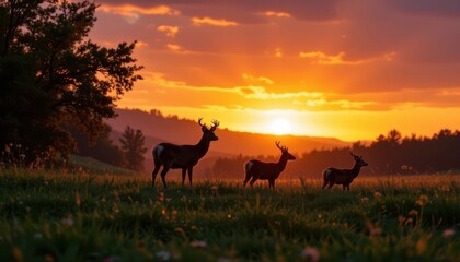 Naklejka premium A family of deer emerges from the edge of the meadow, their silhouettes outlined against the fiery sky as they graze on the lush vegetation.