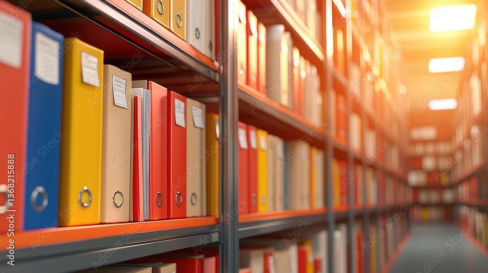 Aufkleber a vibrant library scene showcasing colorful folders neatly arranged on shelves, illuminated by soft,