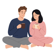 Obraz premium Cozy couple enjoying warm drinks together in minimal vector illustration