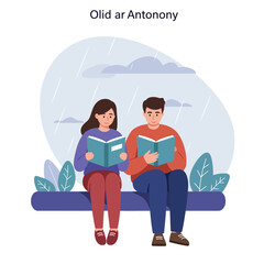 Two People Reading Books Under Rainy Clouds in Minimal Style Vector Illustration