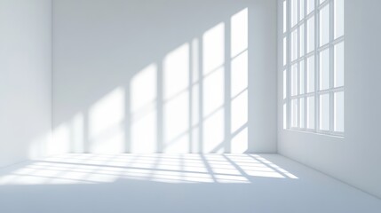 Bright, minimalistic interior space with large windows casting shadows, creating a serene atmosphere for relaxation