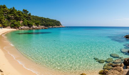 Fototapeta premium Clear blue water meets sandy beach along Mediterranean coast, showcasing tranquility and vacation themes.
