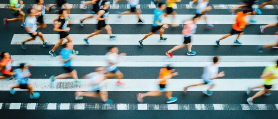 A blurred image shows many runners crossing a pedestrian crossing  Motion blur emphasizes speed and energy  The scene