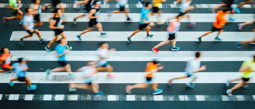 A blurred image shows many runners crossing a pedestrian crossing  Motion blur emphasizes speed and energy  The scene
