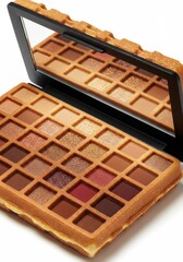 Waffle-shaped makeup palette with warm-toned eyeshadows and mirror. Edible design, sensory illusion, surreal beauty trends..