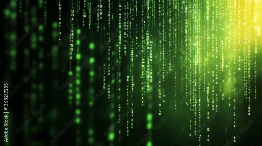 Poster abstract green digital rain effect with cascading binary code, creating a futuristic atmosphere
