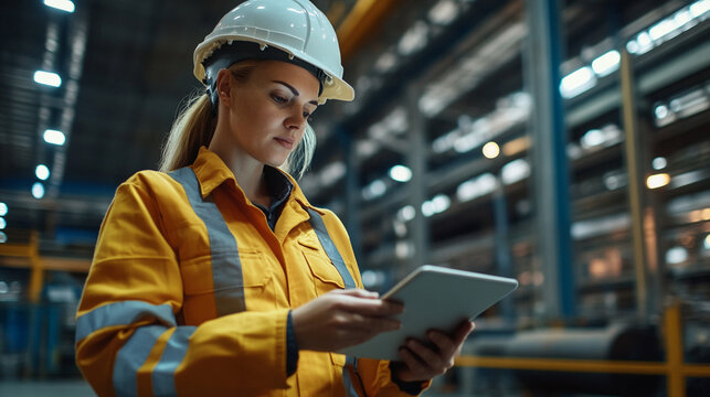 A woman in safety gear using a tablet in an industrial setting with blurred background elements - Powered by Adobe