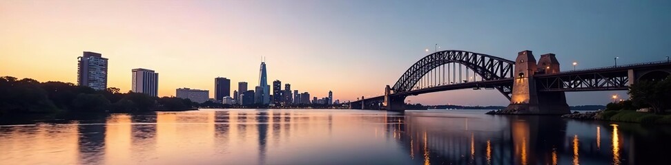Naklejka premium The iconic Story Bridge in Brisbane with the city skyline in the background during the early morning light, dawn, Brisbane
