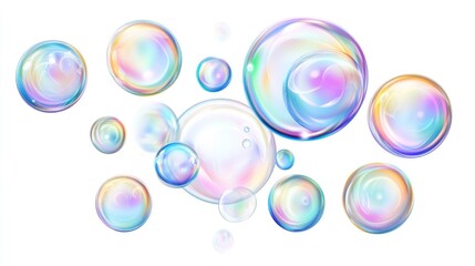 Colorful soap bubbles floating gracefully in a bright background, creating a whimsical and playful atmosphere