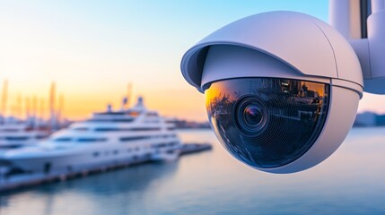 Modern Surveillance Camera Monitoring a Luxurious Marina with Elegant Boats and Yachts