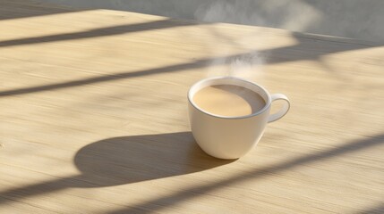 Steaming Cup of Coffee on Wooden Table in Morning Sunlight Cozy Inviting Ambiance