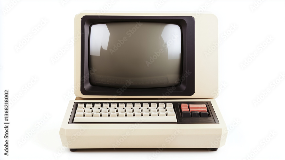 Wall mural vintage and retro computer with keyboard and monitor screen isolated on white background, selective 