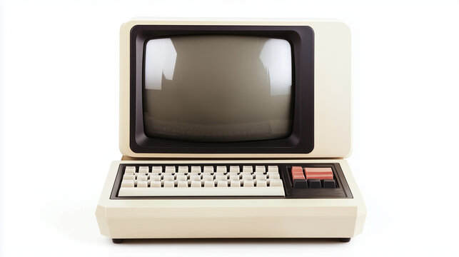 Vintage and retro computer with keyboard and monitor screen isolated on white background, Selective focus old computer on white.