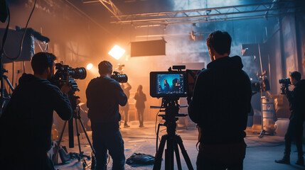 Fototapeta premium Film crew shooting movie scene on set with. Silhouettes of cameramen filming in a studio with smoke and lights. A smoky film set with a team preparing for a movie scene