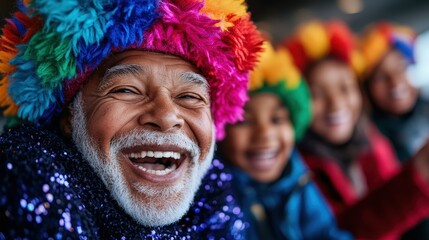 A joyful elderly man wearing a vibrant, multi-colored costume laughs heartily, surrounded by smiling children, capturing the spirit of happiness and festive celebration.