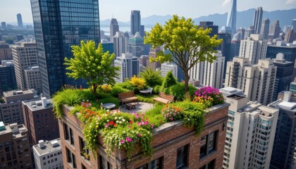Obraz premium Tucked away on the top of a bustling city building is a hidden oasis of lush greenery and colorful flowers, creating a serene escape from the concrete jungle below.