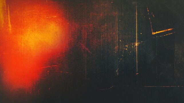 Abstract grunge background with glowing orange and yellow color gradients blending into black cinematic texture, vintage film grain overlay creating retro atmosphere in high-resolution detail. Artisti