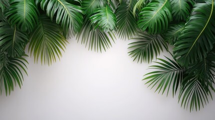 Lush green palm leaves creating a vibrant tropical backdrop against a clean white wall, ideal for interior decor