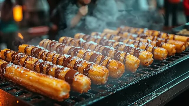 Delicious churros drizzled with chocolate sauce, served at a vibrant street food market