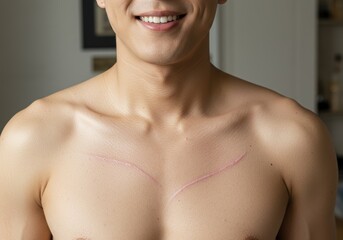 Happy transgender man showing top surgery scars in bright room