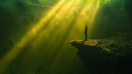 A person silhouetted on the edge of a cave, bathed in light breaking through darkness, symbolizing the light of faith, hope, and spiritual awakening in a modern, powerful setting.

