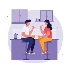 Couple enjoying snacks together in modern kitchen flat vector illustration