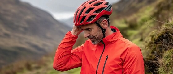 A cyclist in an orange jacket adjusts his helmet pausing amidst a scenic mountainous landscape The mood is contemplat