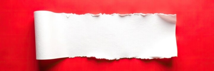 Torn white paper on red background with copy space in center, creative design, white,  edges