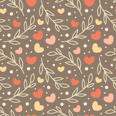 Seamless pattern with floral ornament consisting of simple illustrations of leaf branches and hearts on brown background in flat style.