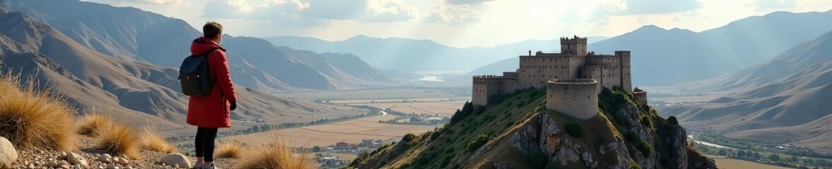 Tourist enjoying breathtaking view of Uchisar Castle and dramatic landscapes,  scenic,  Uchisar Castle