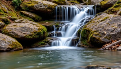 Fototapeta premium The waterfall cascades down a series of moss covered rocks, creating a soothing sound as the water gently flows downstream.