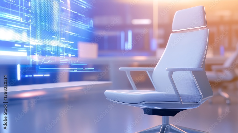 Poster modern office chair in a high-tech workspace with digital interface elements in the background