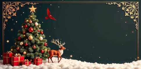 Traditional Corporate Holiday card featuring Christmas tree, reindeers, birds, ornate floral frames, and copy space on a festive background,  ornate,  artistic templates