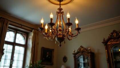 Obraz premium A vintage chandelier hangs from the ceiling, casting a warm glow over the room.