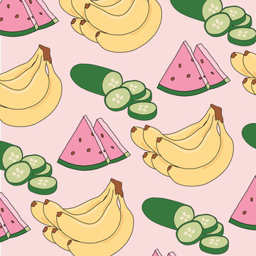 Pastel Fruit Pattern with Watermelon and Banana