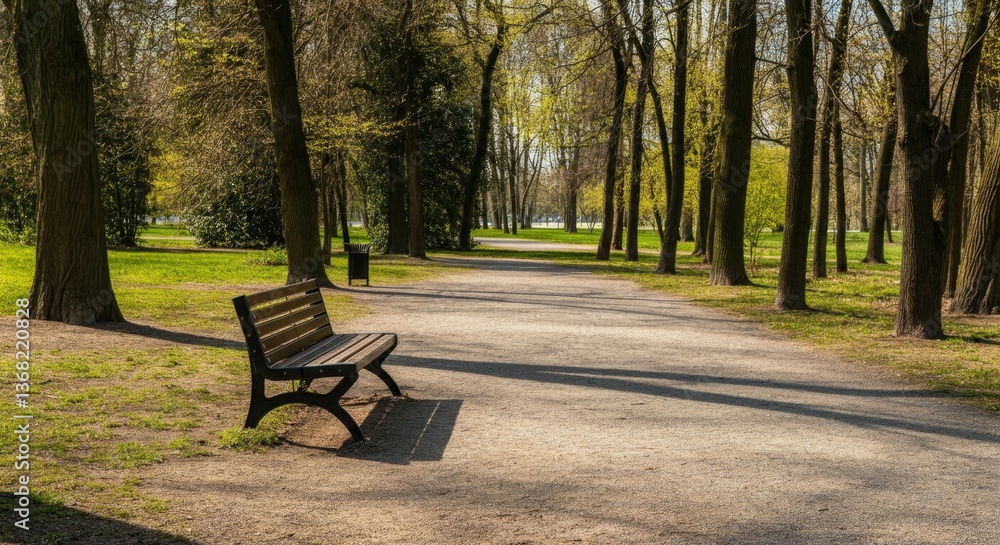 Poster empty park path with bench surrounded by trees under sunlight
