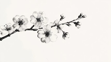 Delicate Almond Blossom Branch in Black and White Artistic Illustration