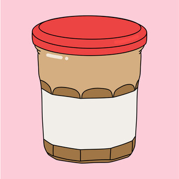 Isolated Jar of Peanut Butter With Blank Label and Red Lid in Pastel Background
