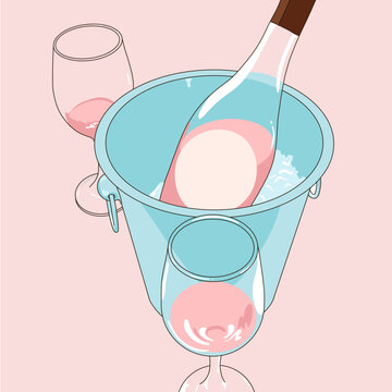 Cold Rose Wine Bottle on an Ice Bucket with 2 Wine Glasses