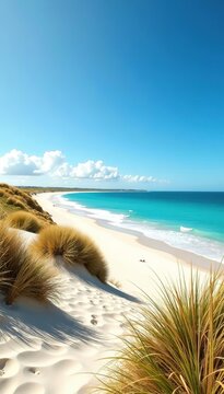 Tranquil coastal scene at Kinburn Spit with golden sand dunes, azure waters, and blue sky,  regional park,  dunes