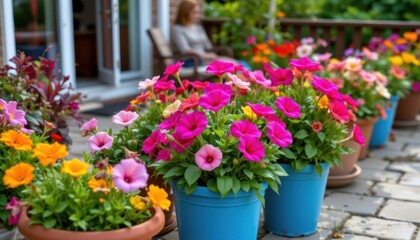Brightly colored flowers bloom in pots scattered around the terrace, adding a pop of color to the natural setting.