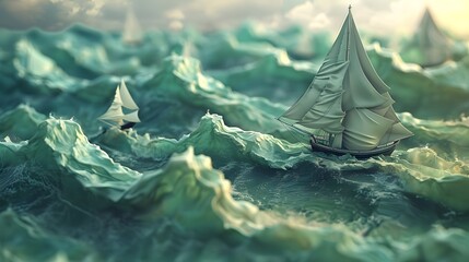 A surreal concept of stock market fluctuations represented as ocean waves, with boats symbolizing traders navigating the unpredictable financial waters.
