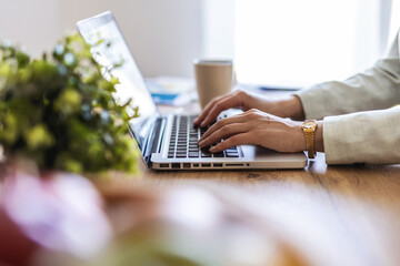 Woman hands, laptop mockup and typing, planning and working receptionist desk in modern office....