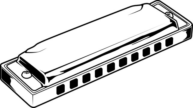 Mundharmonika in Schwarz-Wei&szlig;, Musikinstrument mit einfacher Konturzeichnung.