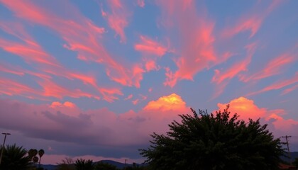 Fototapeta premium Each cloud was a delicate shade of pink, casting a soft glow across the sky.
