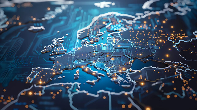 Fototapeta Europe digital map, European Union cyberspace network, tech connectivity electronic circuit