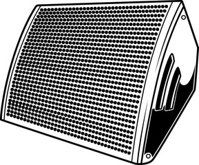 Schwarz-weiße Grafik eines Bühnenmonitors mit Gitterfront, ideal für Musiktechnik, Events und Beschallungsdesigns. © Boris