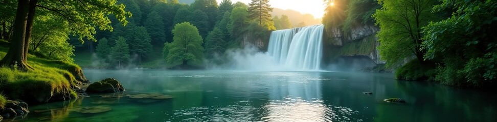 Tranquil morning view of Plitvice National Park, with lush green forest, cascading waterfall, and picturesque Croatian countryside landscape,  morning,  tranquil