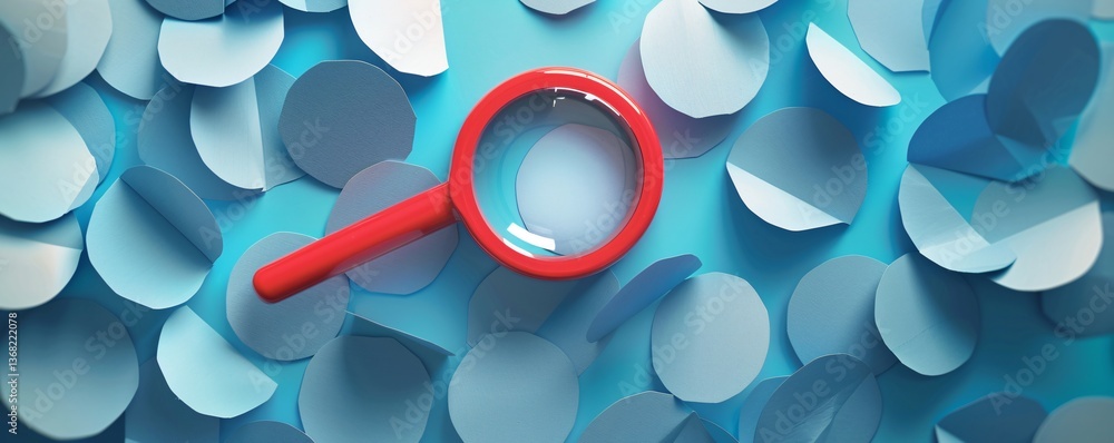 Poster red magnifying glass on a blue surface surrounded by scattered papers, depicting the quest for infor